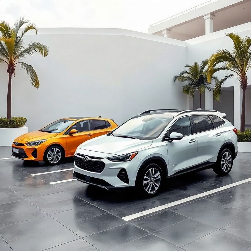 Lineup de três veículos — hatch, sedã e SUV — em pátio limpo